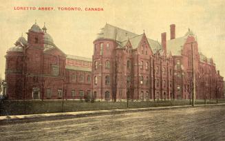 Colorized photograph of two large collegiate buildings.