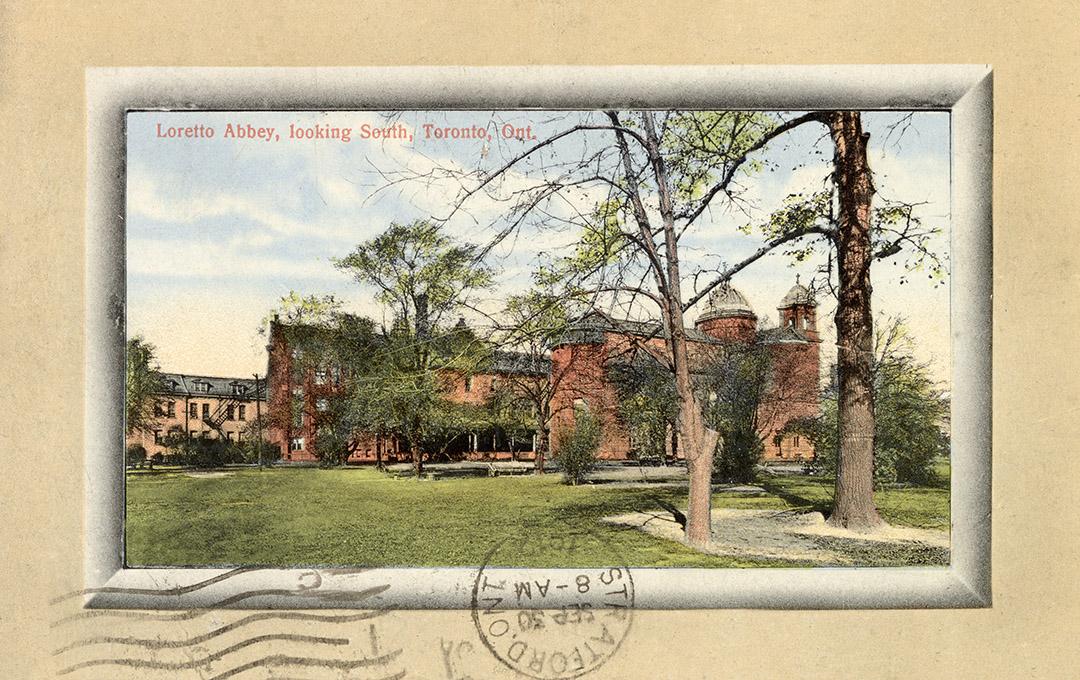 Colorized photograph of three large collegiate buildings.