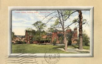 Colorized photograph of three large collegiate buildings.