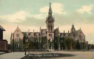 Colorized photograph of a gothic school building with a central tower.