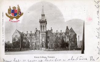 Black and white photograph of a gothic school building with a central tower. Shield in the top  ...