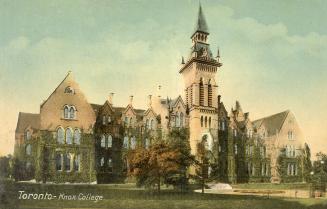 Colorized photograph of a gothic school building with a central tower.