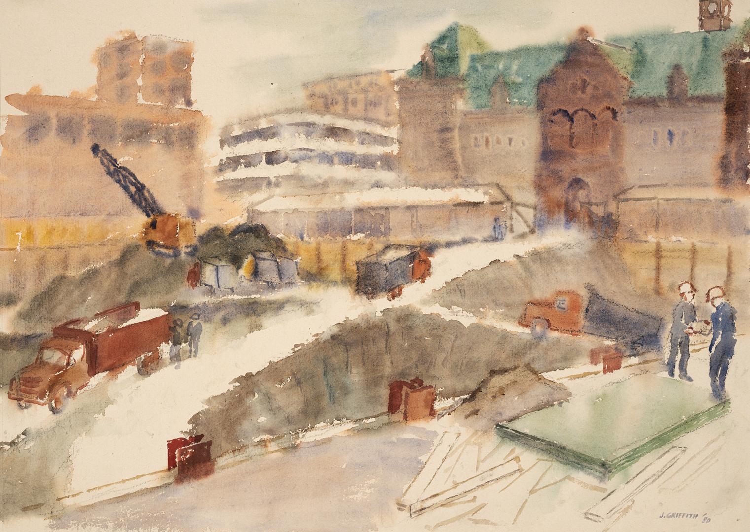 A painting of an urban area under construction, depicting workers and construction equipment in ...