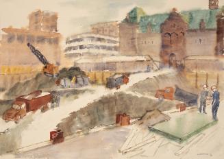 A painting of an urban area under construction, depicting workers and construction equipment in ...