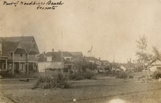 Photo of a row of houses fronting onto a beach. 