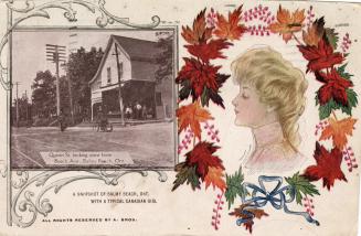 Left side of card shows a photo of a street and building. Right side of card shows drawing of a ...
