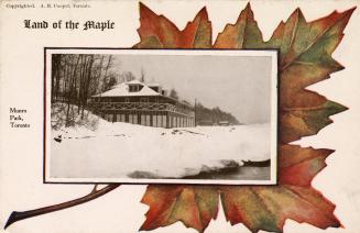 Picture of club house at beach in winter. An illustration of a maple leaf is behind the photo.