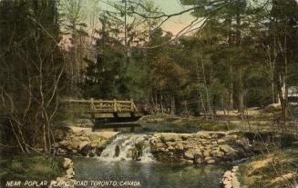 Colour postcard of a stream with footbridge over it surrounded by forest. The caption on the bo…