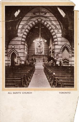 Black and white postcard of All Saints' Church interior view. The back postage area states, " P ...