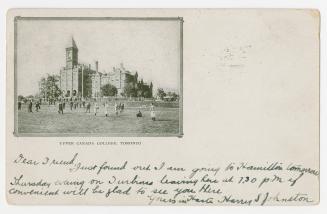 Black/white postcard depicting the main building and lawns at Upper Canada College in Toronto.  ...