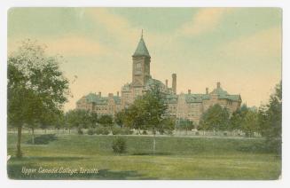 Colour postcard depicting the main building and lawns at Upper Canada College in Toronto. Capti ...