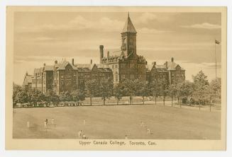 Sepia-toned postcard depicting the main building at Upper Canada College in Toronto. Caption st ...