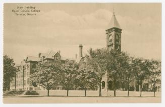 Sepia-toned postcard depicting the main building and tower at Upper Canada College in Toronto.  ...