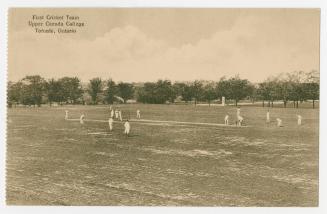 Sepia-toned postcard depicting the cricket team at Upper Canada College in Toronto. Caption sta ...