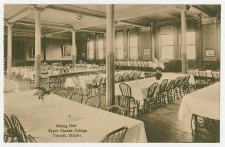 Sepia toned photograph of the inside of a dining hall with caption "Dining Hall//Upper Canada C ...