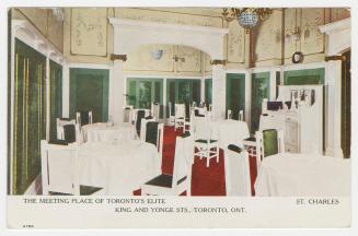 Colorized photograph of a formal hotel dining room.