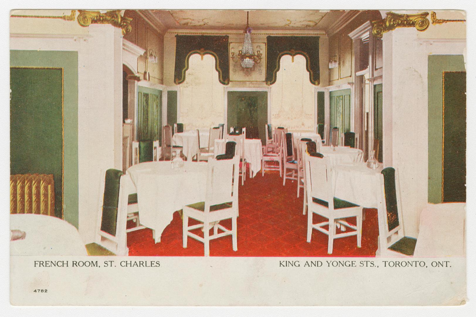 Colorized photograph of a formal hotel dining room.