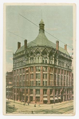 Colorized photograph of an early skyscraper with a curved roof.