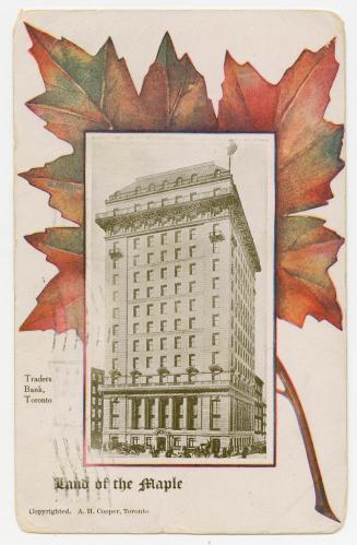 Sepia toned photograph of an early skyscraper superimposed on an orange maple leaf.