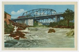 Colorized photograph of a bridge over a waterfall.