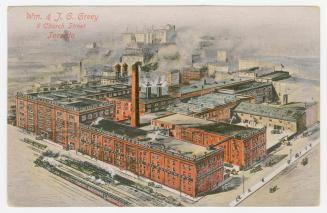 Drawing of large factory buildings. 