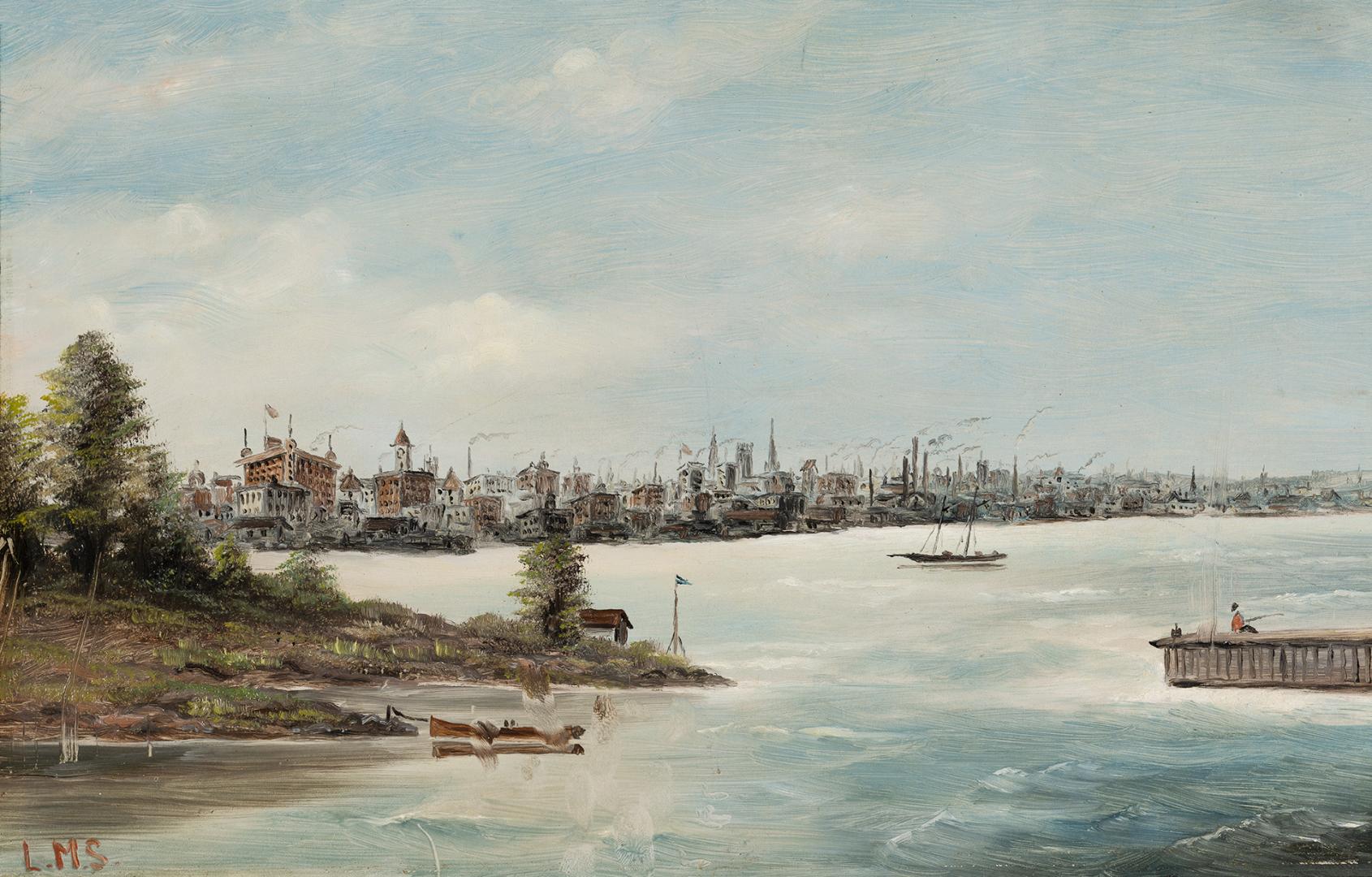 A painting of a harbour, with a city skyline in the background across a body of water. There is ...