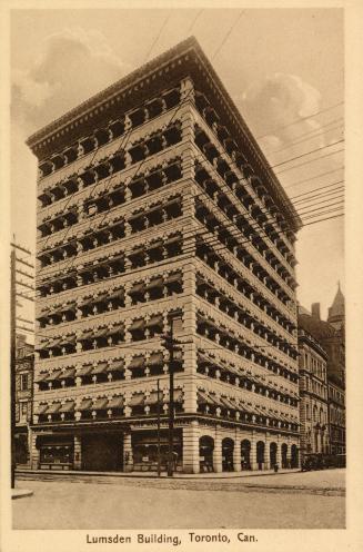 Sepia toned photograph of a ten story building