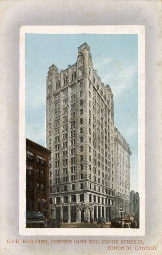 Colorized photograph of a of a fourteen story skyscraper.