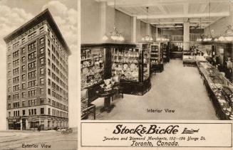 Sepia toned photograph of a of a ten story skyscraper and the interior of a elegant jewelry sto ...