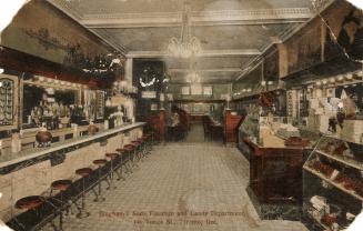 Colorized photograph of a long restaurant with stools at a counter.