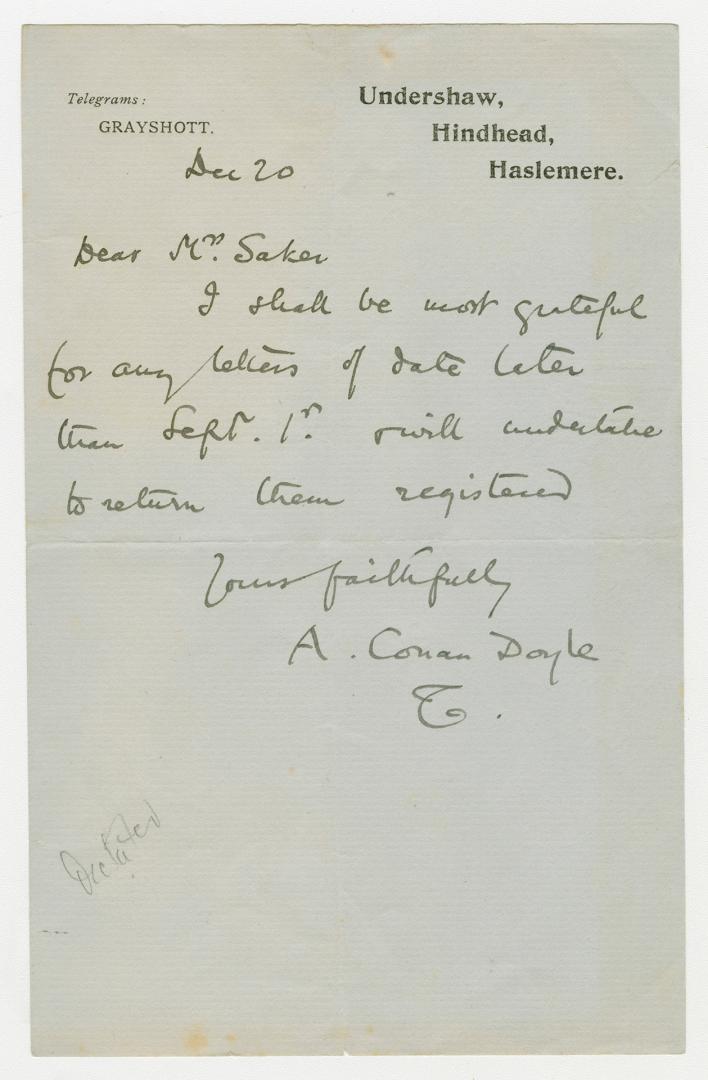 Letter dictated to unidentified individual by Arthur Conan Doyle. 