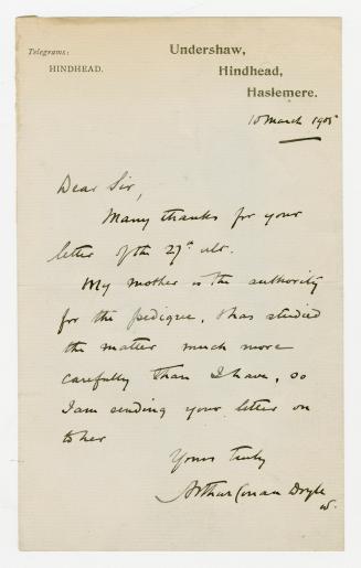 Letter by Arthur Conan Doyle, dictated by his secretary Alfred Herbert Wood. 