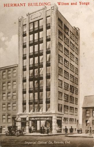Sepia toned drawing of a nine story skyscraper.
