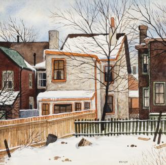A painting of the back of a two story house, from the viewpoint of a neighbouring back yard dur ...