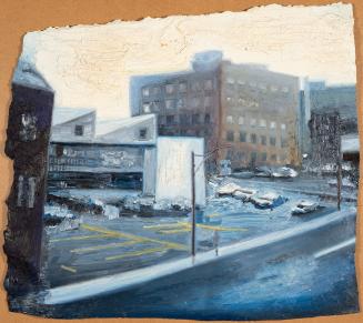 A painting of an urban intersection, with a parking lot, telephone poles and multi-story buildi ...