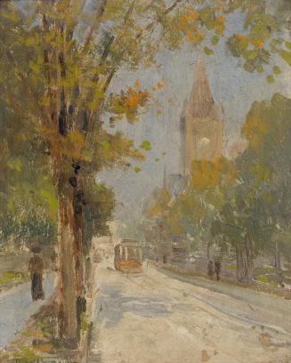A painting of a city street, with trees on both sides, a streetcar in the approximate middle of ...