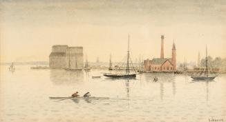 A painting of a harbour, with two people in a rowing skiff in the foreground and five anchored  ...