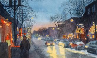 A painting of a city street at dusk, with the sun just beyond the horizon in the background. Th…
