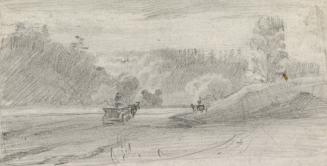 A drawing of a river, with hills and trees on both sides and a person on a wagon being pulled b ...