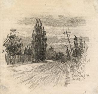 A drawing of a dirt road, with trees on both sides and telephone or electrical poles and wires  ...