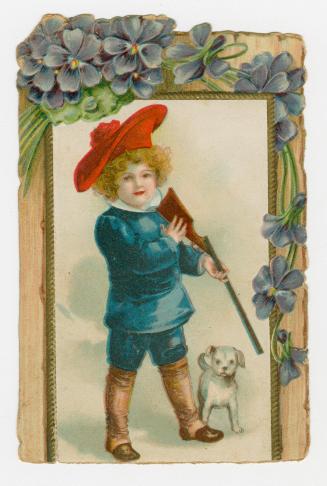Boy in blue outfit and red hat, holding rifle with dog beside him. 