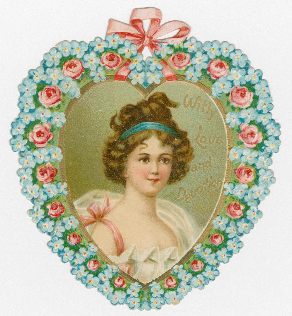 A portrait of a woman in the centre of a heart decorated with blue and pink flowers. A pink bow ...