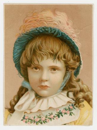 Portrait of girl wearing a blue bonnet with pink feathers, a yellow top, a bib with pink flower ...
