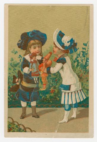 Two girls, each holding a doll, greet each other on a garden path. Flowers and plants in backgr ...