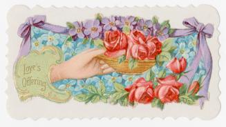 A hand holding a small bowl of red roses. Purple, blue, and red flowers in background with purp ...