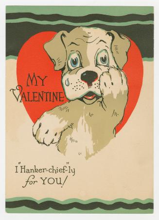 A portrait of a dog with a teardrop running down his cheek. The dog is framed by a red heart. T ...
