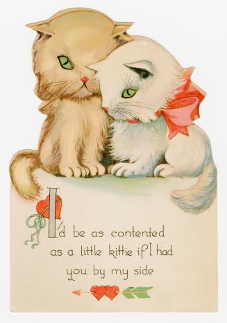 An image of two cats snuggling. One wears a large red bow. Red hearts and one of cupid's arrows ...