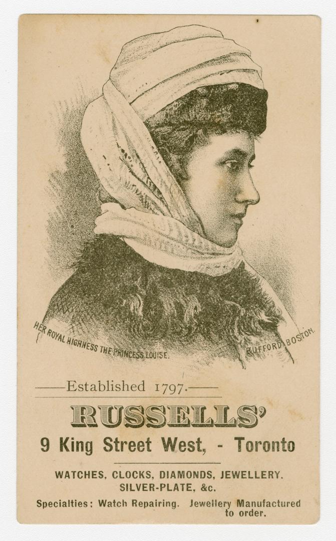 B/W trade card advertisement depicting an illustration of Her Royal Highness The Princess Louis ...
