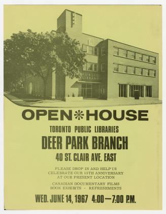 Flier for library anniversary with picture of the branch on front. 