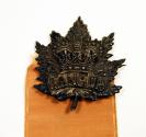 A metal pin in the shape of a maple leaf attached to an ochre ribbon. The ribbon reads "Toronto ...